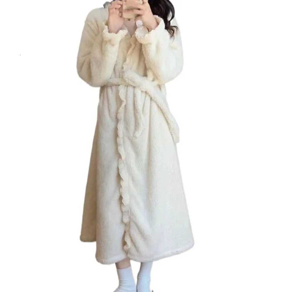 Lounge Women's Sleep Long Sleeves Coral Fleece Sleepwear Ruffle Sweet Winter Flannel Night-robe Home Wear Thicken Warm Pajamas Robe Women Sleepwe - view 6