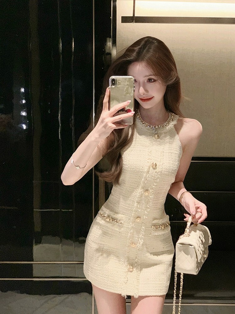 Elegant Pure Desire High-End Sleeveless Neck Hanging Dress Women's Design Short Skirt Vest Summer Commute Korean Style