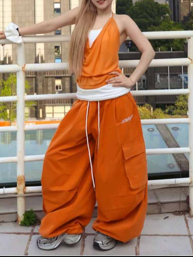 Dopamine Orange Wide Leg Women's American Hot Girl Jazz Street Dance Casual Loose Long Pants Versatile Cotton Linen Blend - view 4