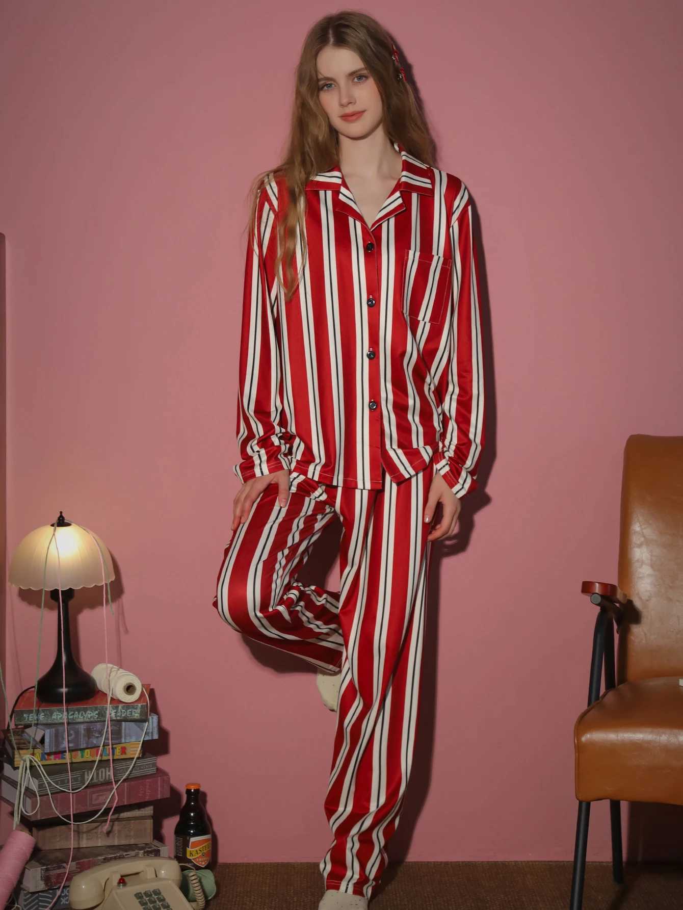 Women's Sleep Lounge 2-piece women's sleepwear long sleeved pants home wear spring and autumn winter striped pattern cardigan set H260924 - view 4