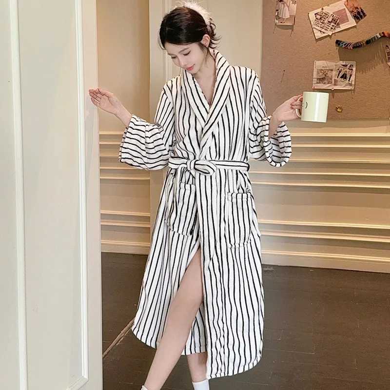 Sleep Lounge Women's Thickened Flannel Robe Nightgown Women's Winter Long Morning Gown Bathrobe Striped Hooded Nightdress Coral Fleece Home  - view 5