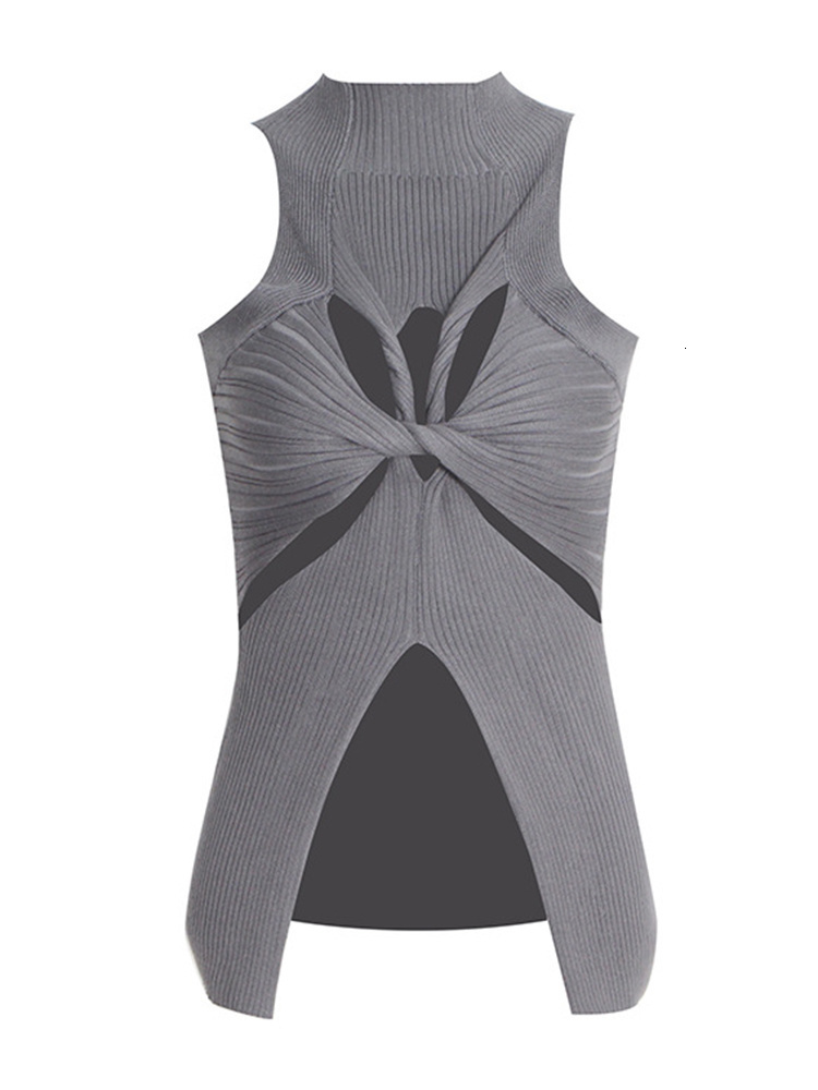 TWOTWINSTYLE Solid Hollow Out Knitting Tank Tops For Women Turtleneck Sleeveless Off Shoulder Slim Vests Female Fashion Clothing - view 5