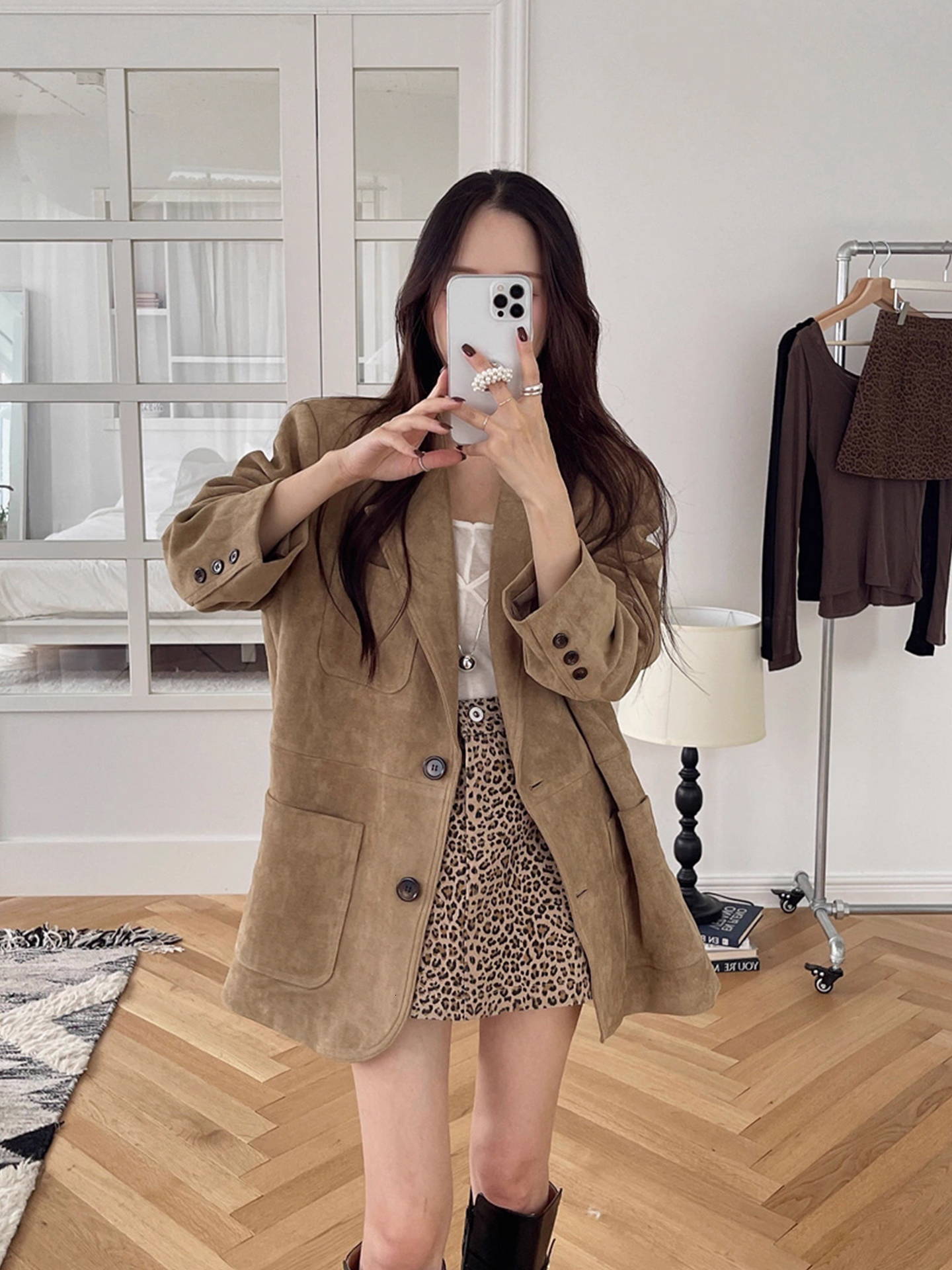 Chic Autumnal Loose Casual Double Pocket Long Sleeve Color Suede Jacket Women's Fashionable Commute Style Outerwear