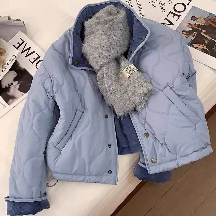 Korean Style Blue Corduroy Loose Fit Jacket Women's Autumn Winter Anti-Aging Design Casual Warm Cotton Padded Outerwear - view 6