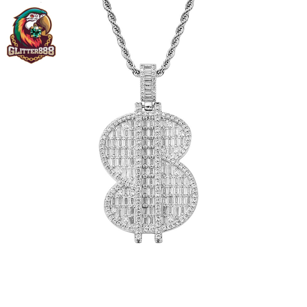 Personalized Hip Hop Jewelry Gold Silver Color Bling Moissanite Iced Out Baguette Moissanite Dollar Sign Pendant Necklace for Men