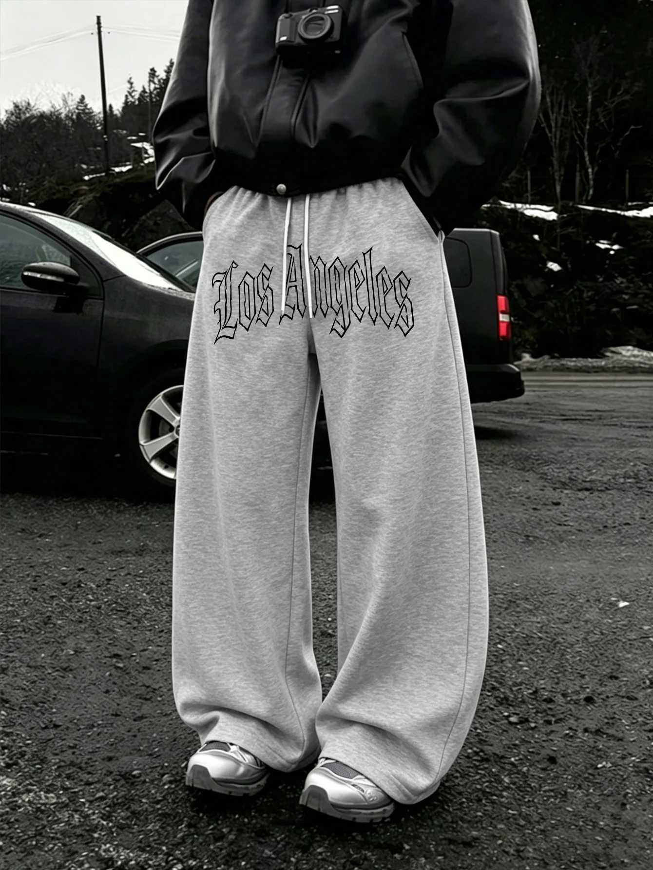 Men's Pants Men Y2K American Gothic Streetwear Baggy Sweatpants Waist Centered White Outline Gothic"LosAngeles"LetterPrintdr1WideLeg D2 - view 3