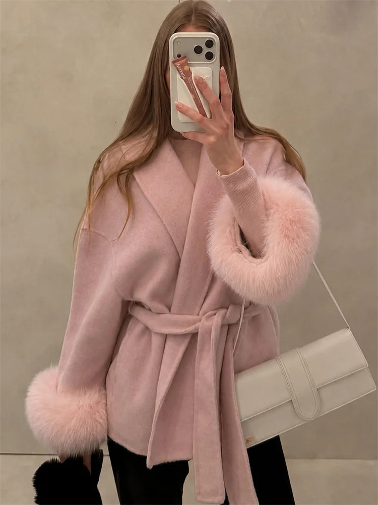 Tossy Fox Fur Wool Overcoat Women's Short Coat Office Lady Elegant Double-sided Woolen Coat Cardigan Jackets Loose Wool 260922 - view 6