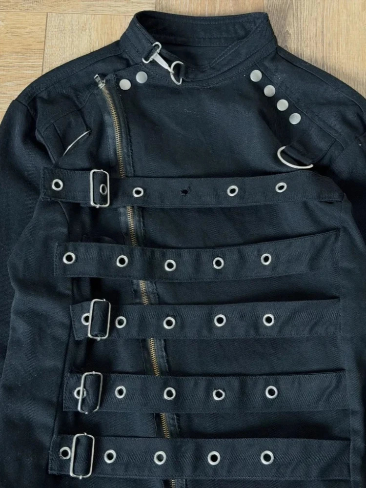 Mens Jacket Dark Streetwear Strap Cargo Coat Harajuku Unisex Cropped Fit Metal Buckle Stand Collar Fashion Trend Arrival Coat 260922 - view 3