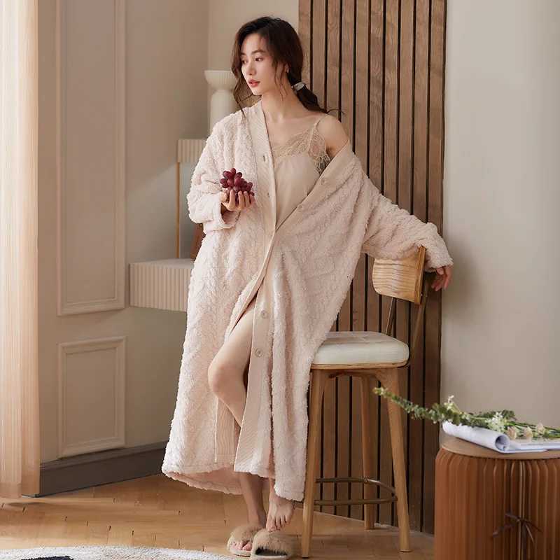 Lounge Women's Sleep Women Winter Plush Lengthened Shawl Bathrobe Home Clothes Long Sleeved Robe Coat Female Thick Coral Fleece Elegant Dressing  - view 5