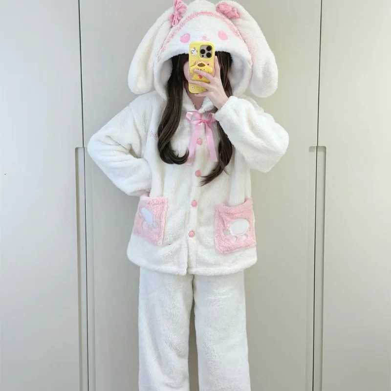 Lounge Women's Sleep New Winter Women's Pajamas Pants Sets Flannel Hooded Homewear 2Pcs Kawaii Rabbit Coral Fleece Outdoors Home Clothes War - view 7