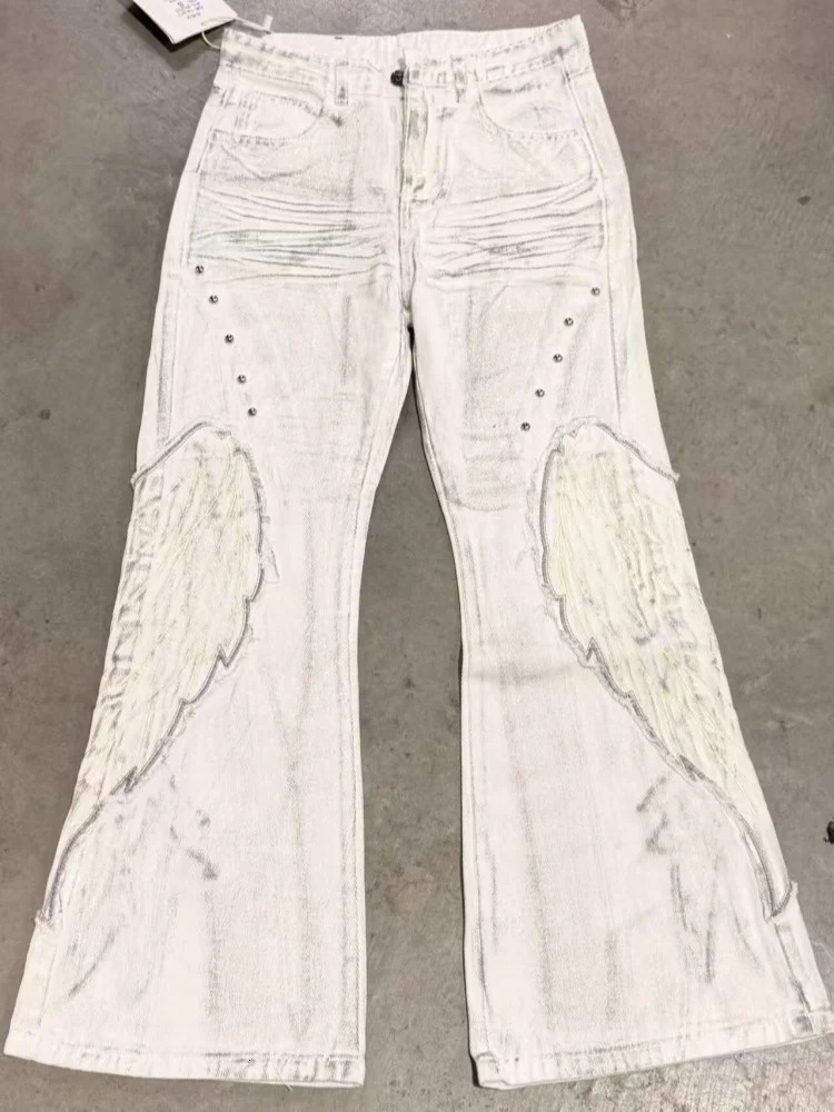 2026 Punk Y2K Style Dirty Washed White Patchwork Baggy Flared Stacked Jeans Pants For Men Clothing Streetwear Goth Long Trousers 260923 - view 6