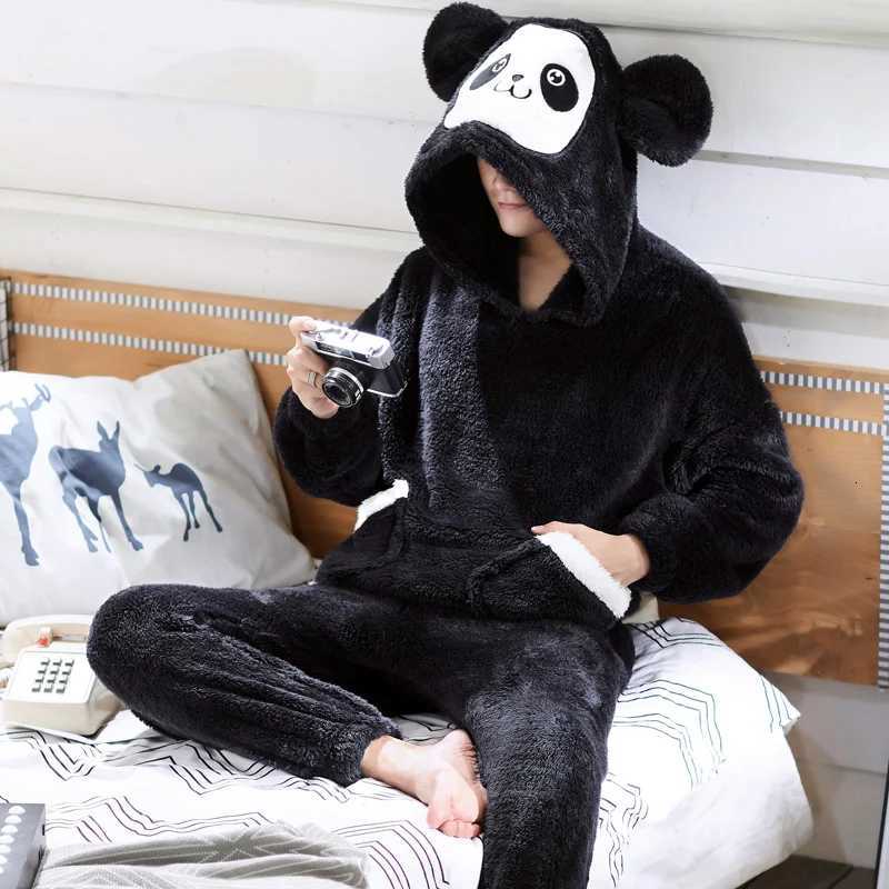 Lounge Women's Sleep Cute Fleece Pajamas For Men Thick Plush Hooded Pyjamas Winter Male Sleepwear Coral Velvet Warm Flannel Home Pants Clothes Pi - view 4