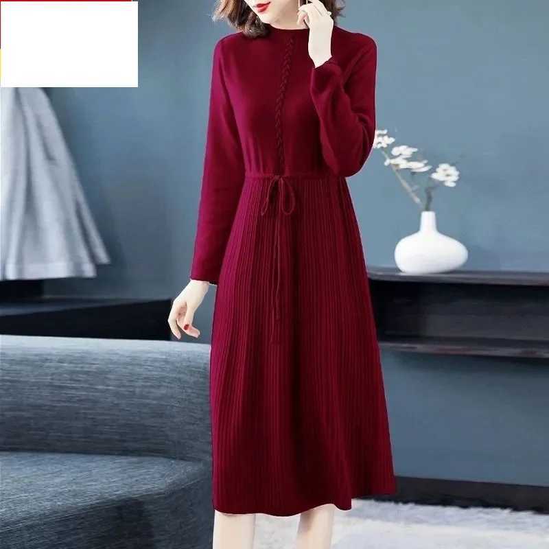 Lounge Women's Sleep Woolen Sweater Dress Mid to Long Women's Autumn And Winter Drawstring tie Waist Cinching Slimming Effect Base Knit Wool - view 4