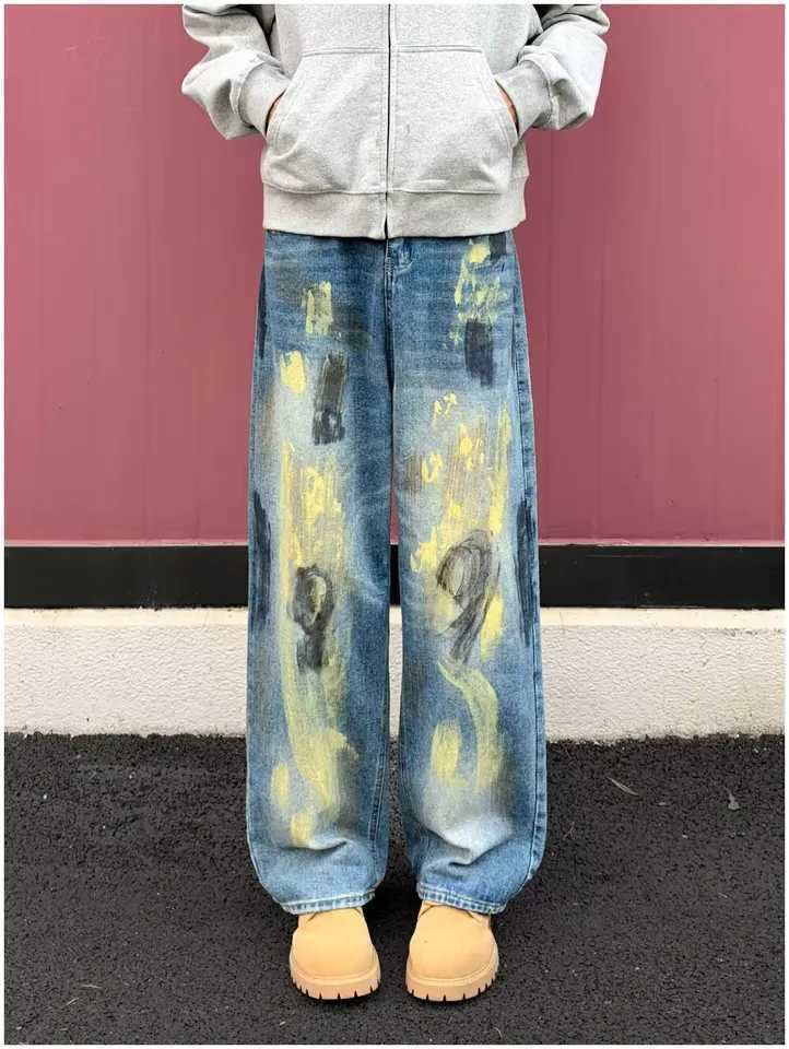 Men's Jeans American Retro Distressed Tie Dye Wide Leg Jeans Men's Loose Floor-Length Straight Cut Denim Pants Vintage American Hip Hop H260 - view 7