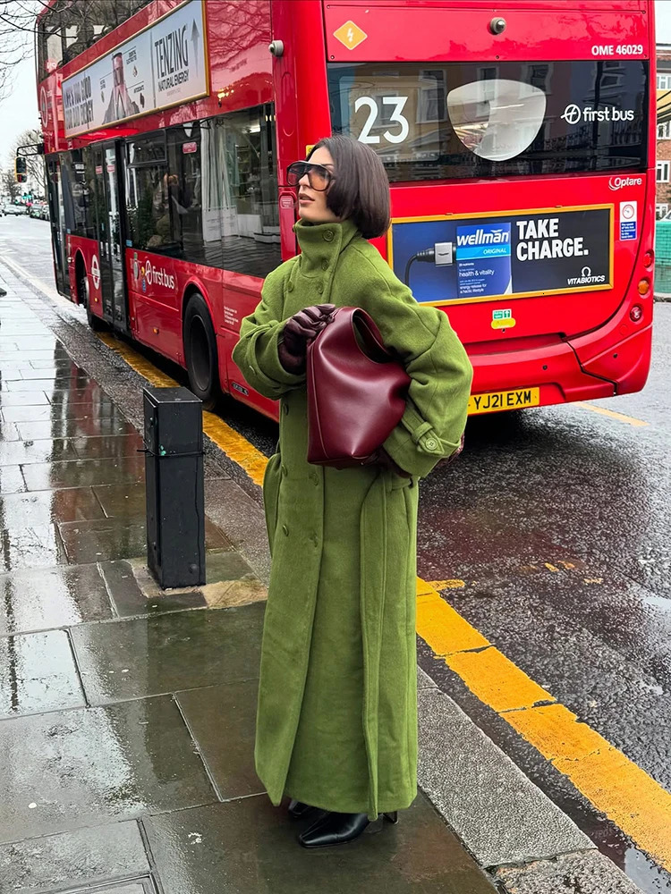Women's High Stand Collar Double Breasted Woolen Overcoat Belted Waist Maxi Long Cuff Strap Loose Solid Coat Winter Urban Coats 260922 - view 5