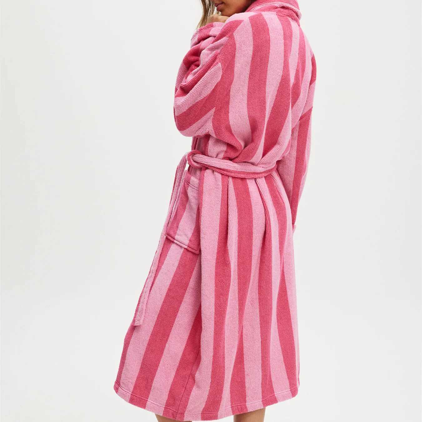 Sleep Lounge Women's Women's Shawl Robe Loungewear Winter Fall Plush Striped Terry Cloth Bathrobe with Pocket Long Sleeve Knee Length Lounge - view 7