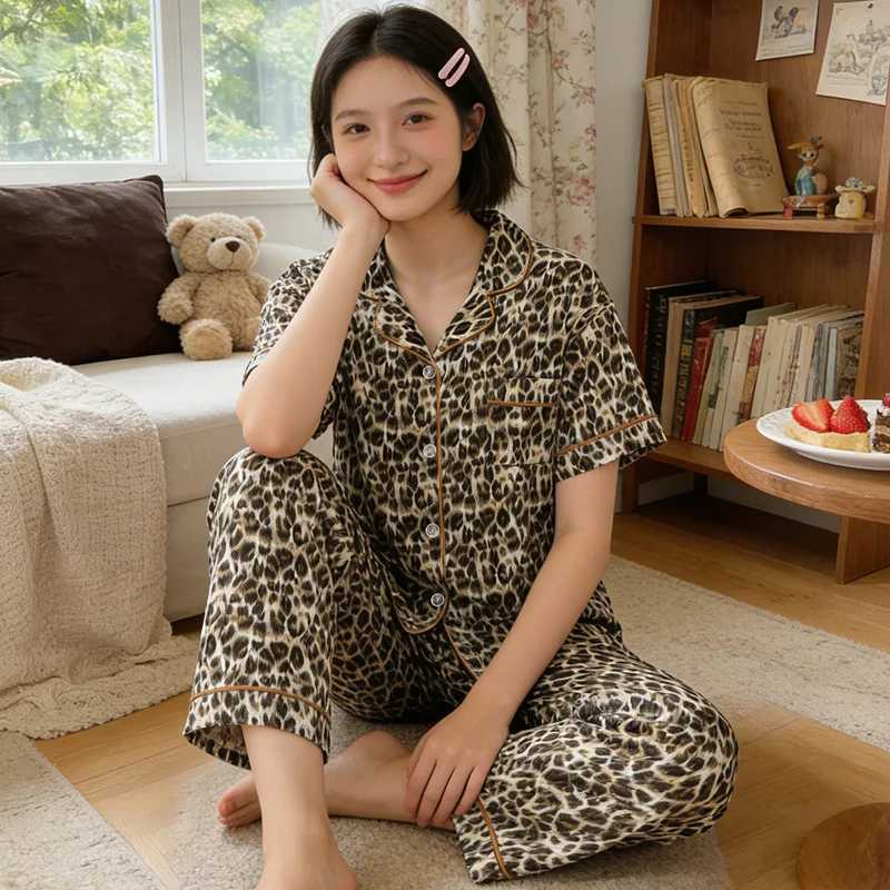 Women's Sleep Lounge Women's Summer Instagram-Style Leopard-Print Cloud-Patterned Cotton Pyjamas Short-Sleeved Top and Long Trousers Loungew - view 3