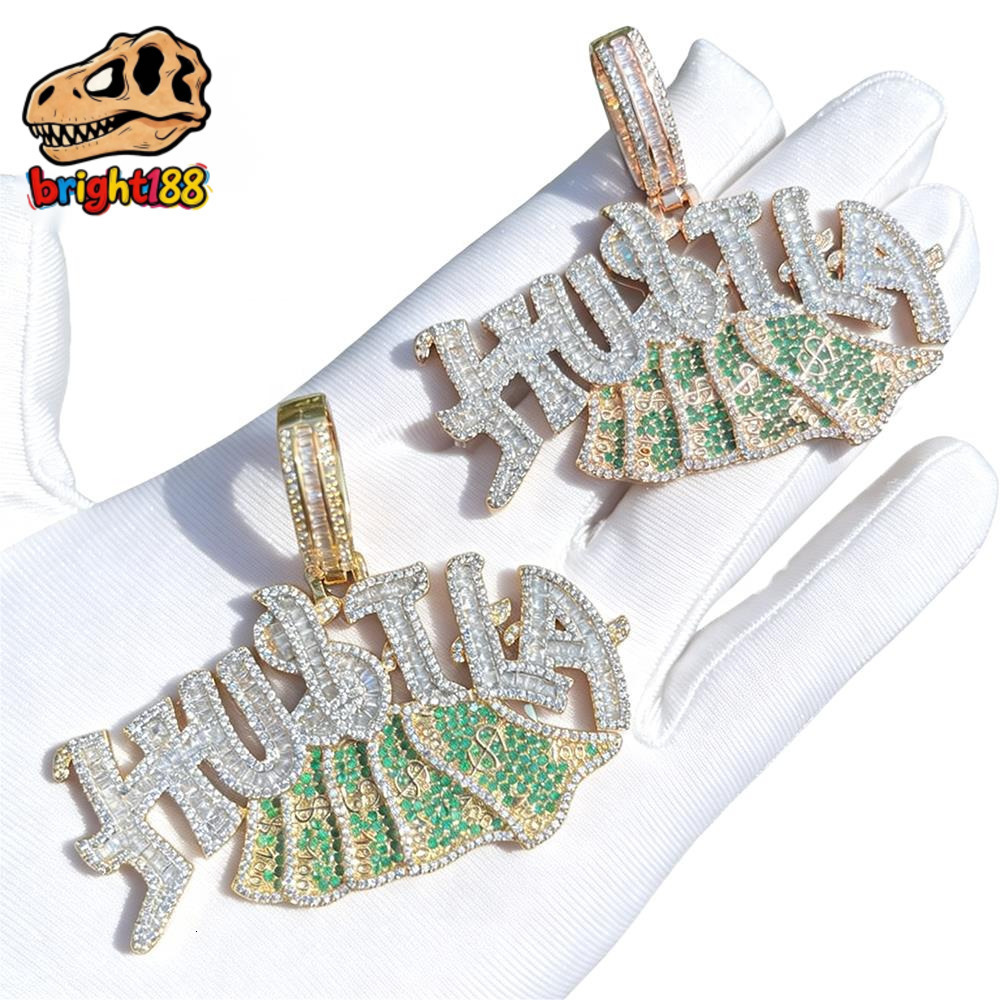 Hip Hop Hustle Dollar Pendant Necklace Men's and Women's Letter Pendant Inlaid with Moissanite RealGold Plated Trendy Jewelry
