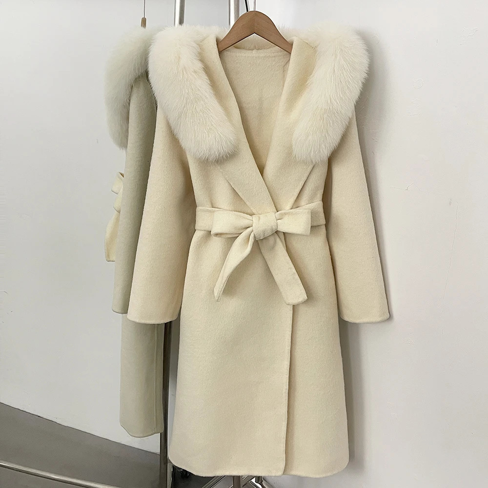Elegant Woolen Coat Mid Length Women's Fur Collar Wool Autumn Winter Hooded Double Faced Women 260911 - view 4