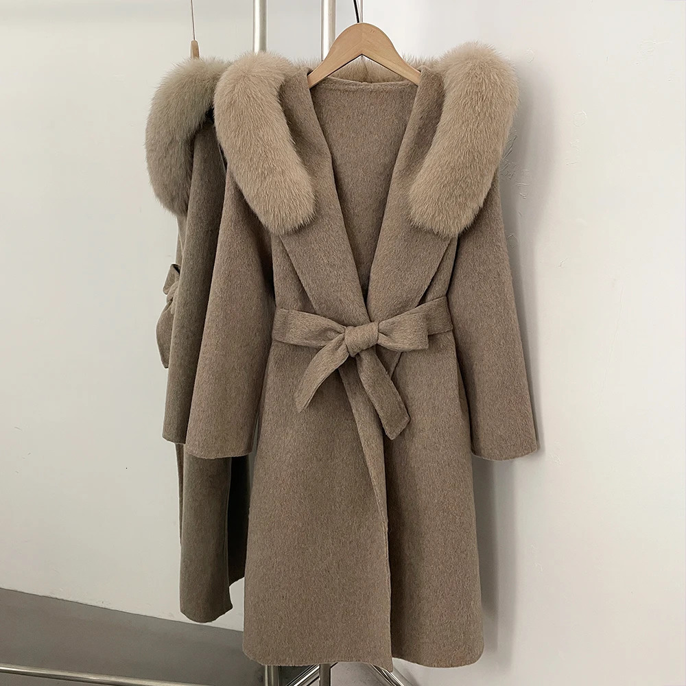 Elegant Woolen Coat Mid Length Women's Fur Collar Wool Autumn Winter Hooded Double Faced Women 260911 - view 6