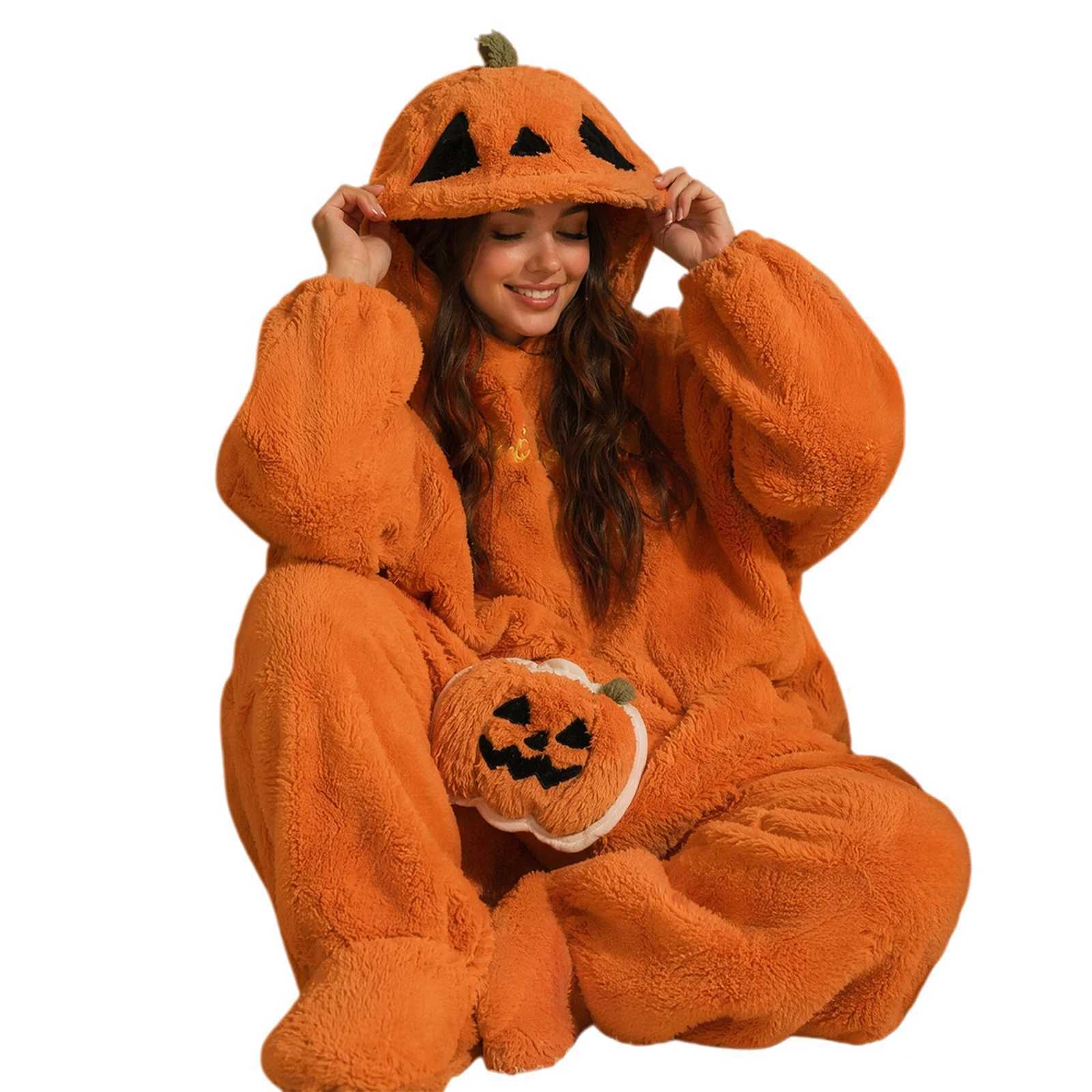 Sleep Lounge Women's Halloween Pumpkin Onesie for Women Fleece Lined Thick Warm Jumpsuit Cartoon Pajamas with ShoesC260924 - view 6
