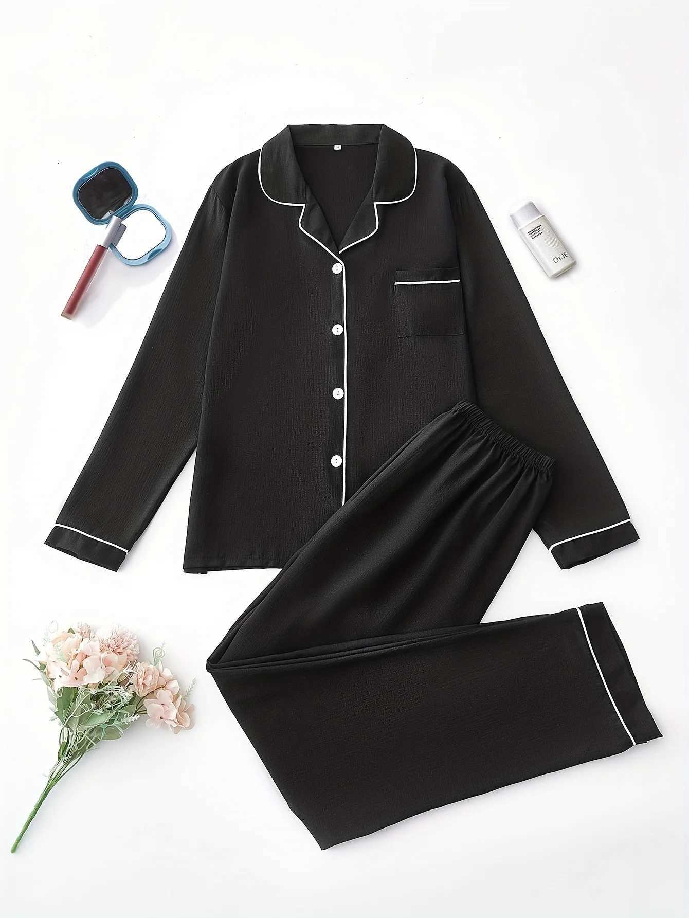 Women's Sleep Lounge Women's Long Sleeve Pajama Set - Casual Solid Color Buttoned Pocket Top with Long Pants Woven Polyester Adult Pajamas f