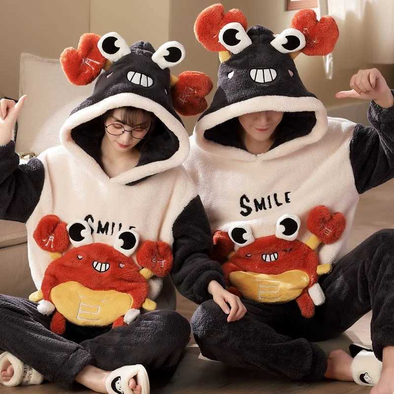 Lounge Women's Sleep Couple Pajamas Sets Women Men Winter Korean Sleepwear Cartoon Panda Coral Fleece Warm Pyjamas Suits Lover Hoodie Pajamas Thi - view 3