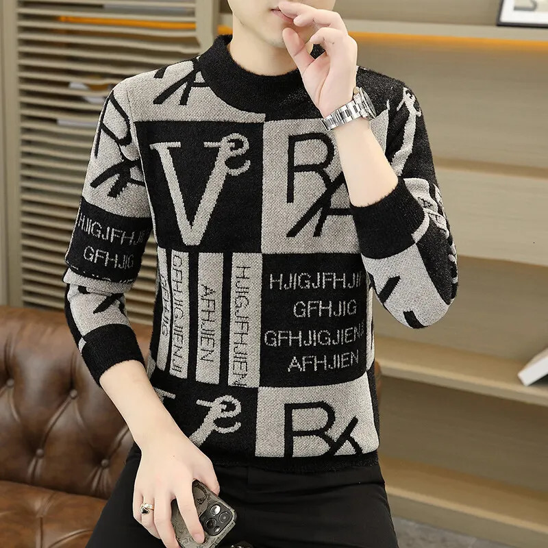 Men Color Block Knitted Sweater Pullovers Printing Round Neck Sweater Autumn/Winter ner Quality Casual Men Clothing Jumper 260923 - view 4