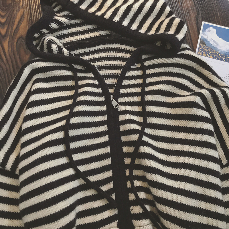 Color Block Striped Hooded Knitted Cardigan Women's Loose Long Sleeve Sweater Jacket Autumn Winter New Style Casual Fashion - view 5