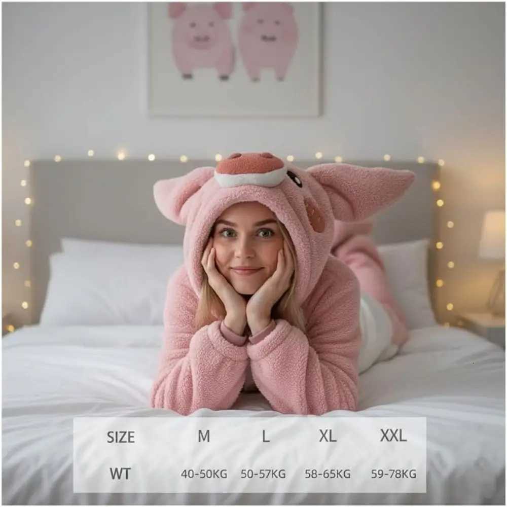 Lounge Women's Sleep Coral Fleece Pig Onesie Pajamas Piggy Pocket Detail Oversized Fit Adult Wearable Blanket 3D Ears Design Warm Lounger RobeC26 - view 7