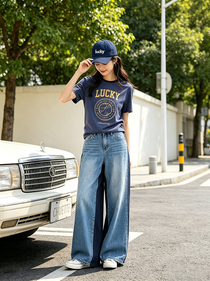 Selfwill Lucky Personality Fashionable Loose Wide Leg Jeans Color Block Front And Back Slimming High Waist Cotton Denim Pants