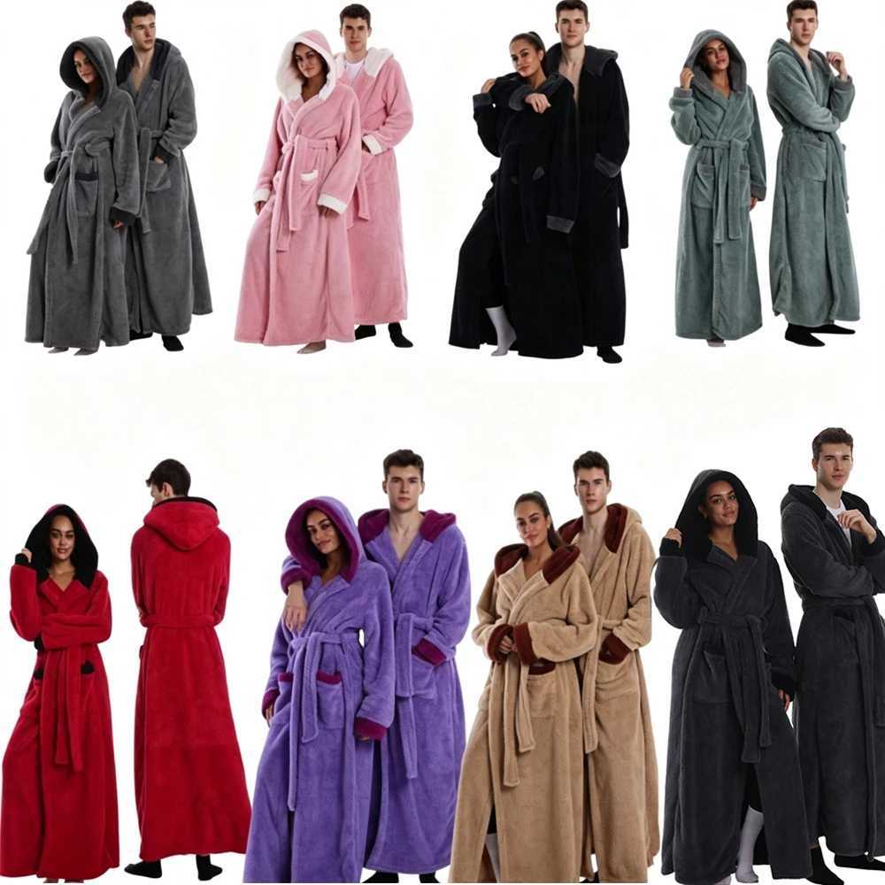 Sleep Lounge Women's New Winter Hooded Bathrobes Gown For Coulpe Warm Flannel Sleepwear Women Long Nightgown Solid Color Robes Men Loungewear Paj