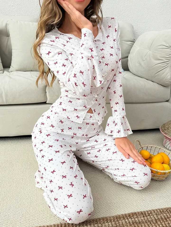 Women's Sleep Lounge Women's Ribbed Knit Pajama Set Long Sleeve Ruffle Cuff Bow Print Soft Loungewear H260924 - view 5