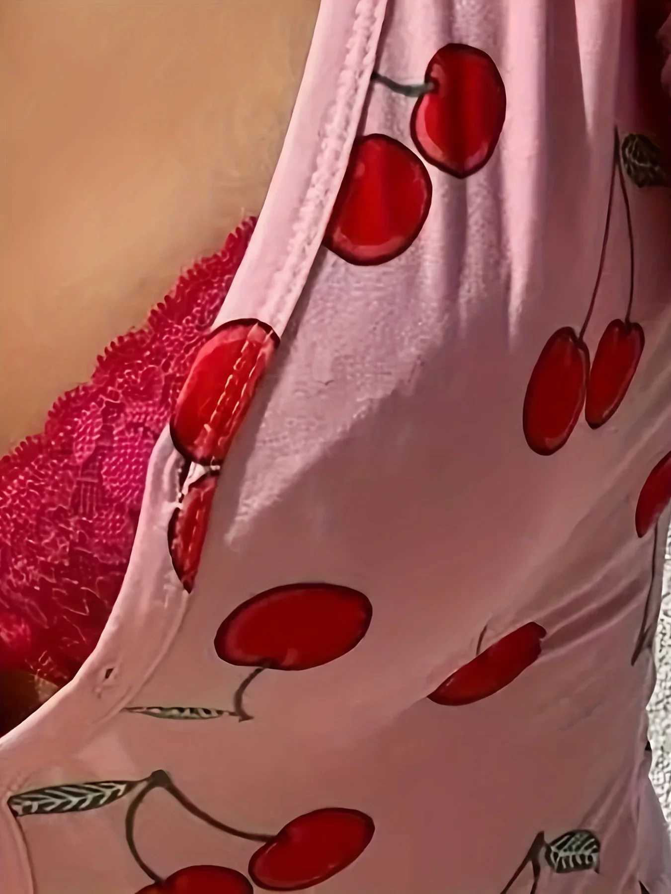 Women's Sleep Lounge Casual Cherry Print V-neck Front Button Onesies Women's Bodysuit Pajamas Sexy Long Sleeve Slim Fit Jumpsuit Sleepwear H - view 6