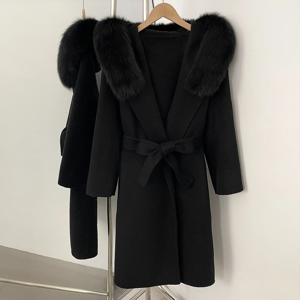 Elegant Woolen Coat Mid Length Women's Fur Collar Wool Autumn Winter Hooded Double Faced Women 260911 - view 3