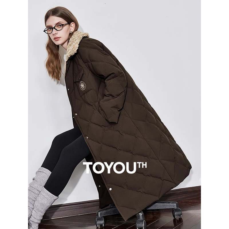 TOYOUTH Womens Down Coat Winter Fur Collar Single Breasted Button Medium Thick Long Coat 260923