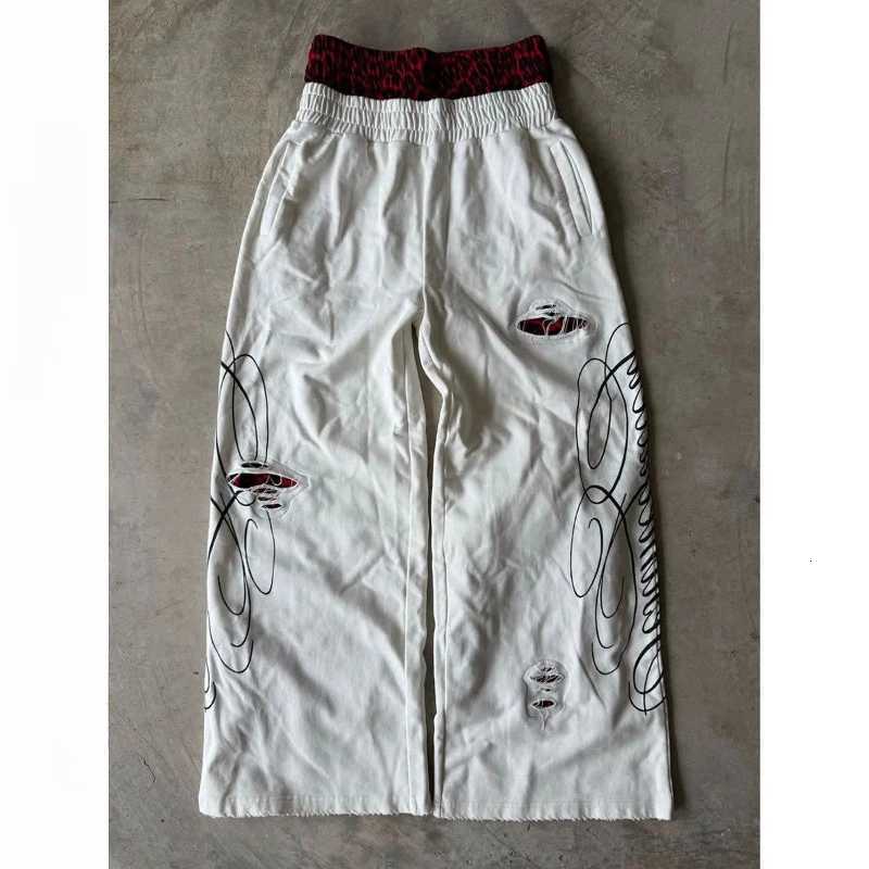 Men's Pants HOUZHOU American Ripped Baggy Sweatpants Women Grunge Letter Print Joggers Casual Patchwork Streetwear Wide Leg Trousers D260924