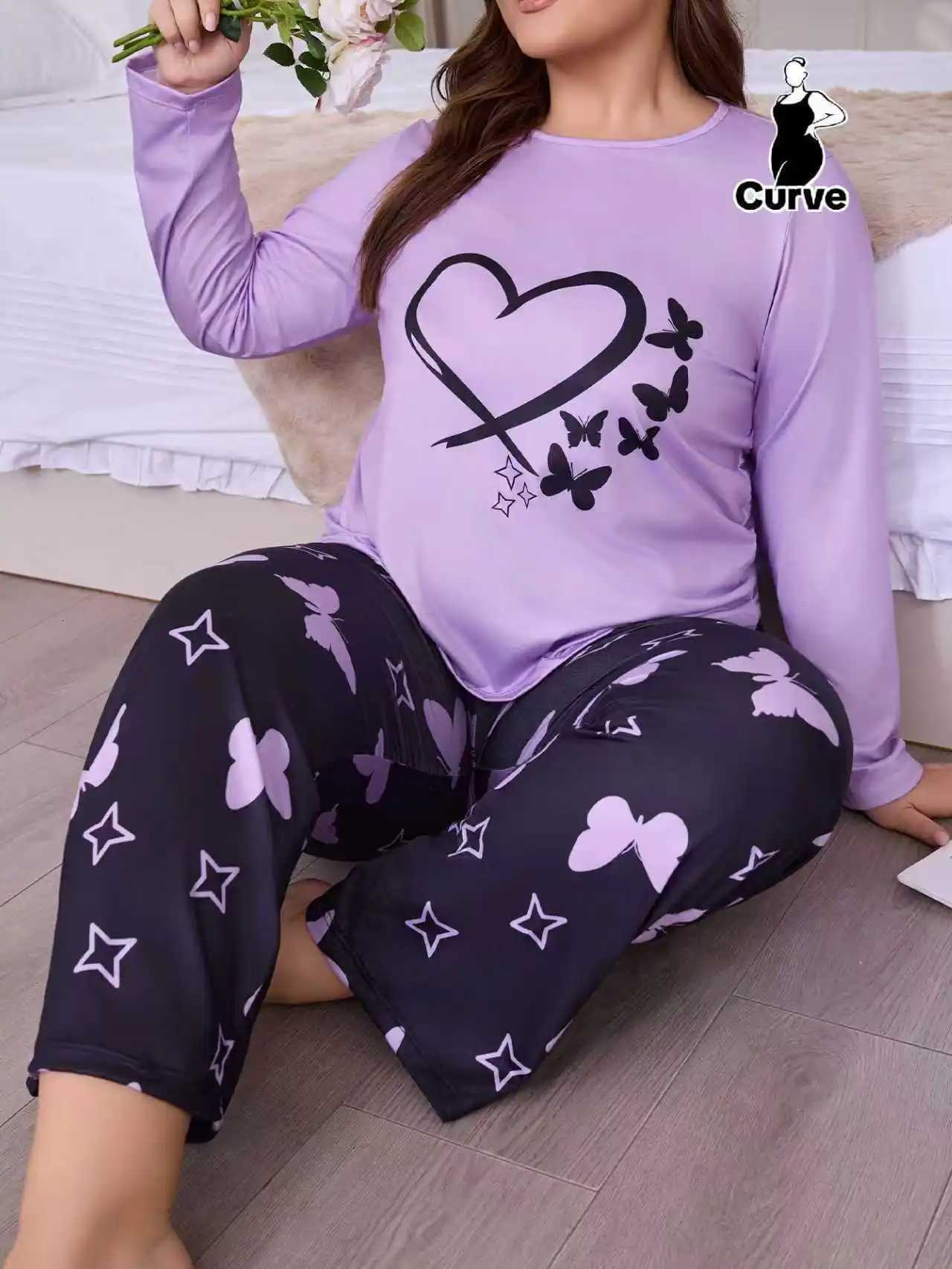 Women's Sleep Lounge Fashionable Plus Size Women's Heart Print Pajama Set Long Sleeve Tops And Soft Elastic Pants Perfect For Summer Loungew - view 4