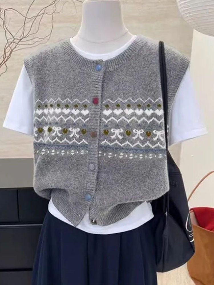 Retro Knitted Floral Women's Spring Autumn New Style Outerwear Sleeveless Shoulder Pad Vest Top Buttoned Polyester Blend - view 5
