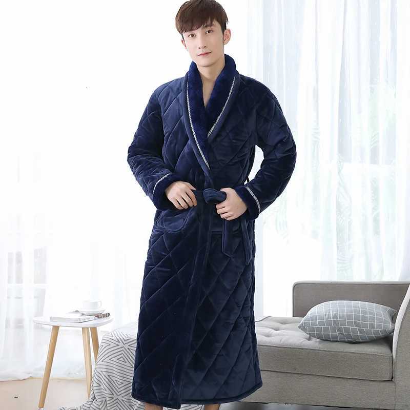 Sleep Lounge Women's Winter Long Robe For Male Three Layers Quilted Bathrobe Thick Flannel Sleepwear Big Yards XXXL Kimono Bathrobes Mens Warm Lo
