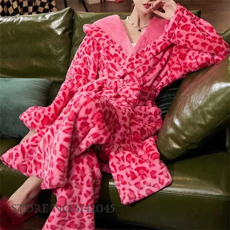 Sleep Lounge Women's Thicken Flannel Hooded Long Robe Pajamas Set Winter Women's Sleepwear Trouser Suits Sexy Leopard Coral Fleece Bathrobe  - view 4