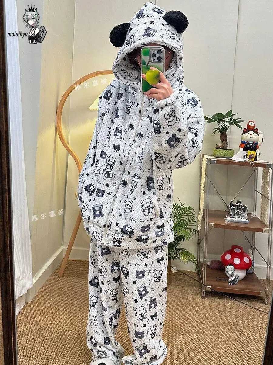 Lounge Women's Sleep Cute Cartoon Rabbit Hooded Pajamas Women Winter Thick Flannel Sleepwear Soft Coral Fleece Loose Homewear with Ear Hat Lounge - view 6