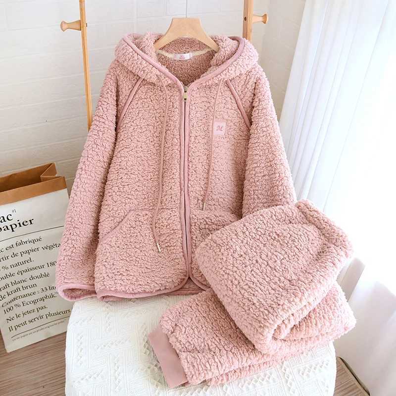Lounge Women's Sleep New Flanner Couple's Pajama Hooded Zipper Sleeping Sleepwear Winter Underwear Set Nightie Warm Pajamas Pyjamas WomenC26 - view 3