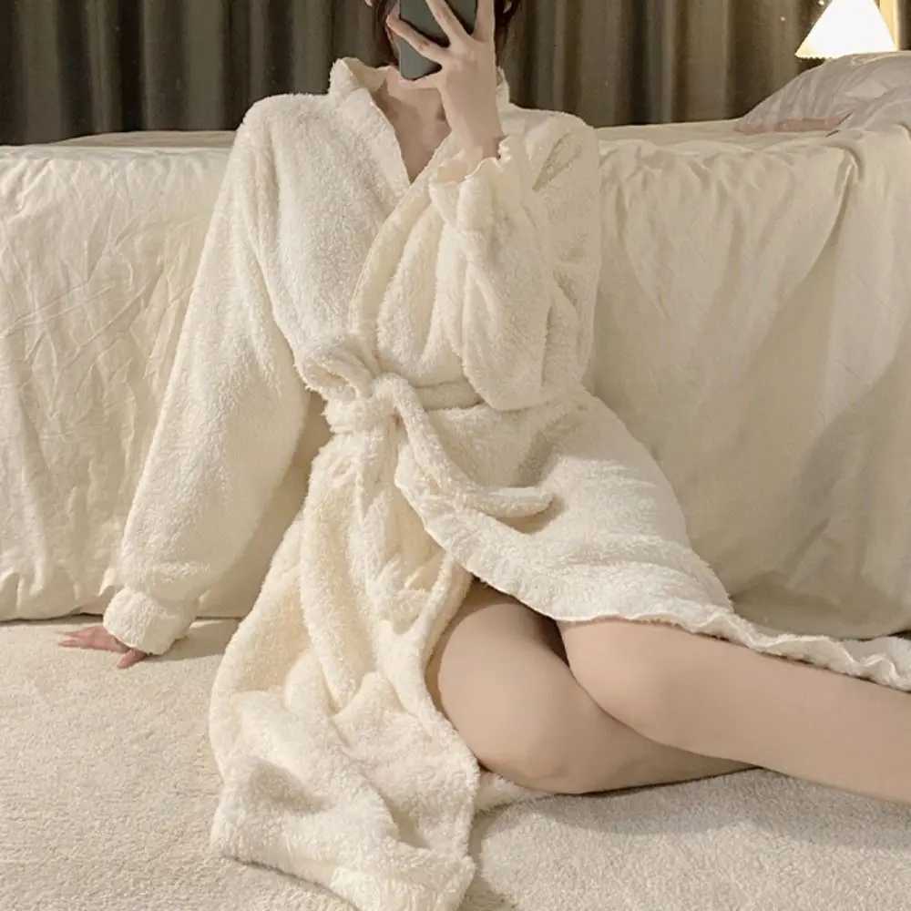 Lounge Women's Sleep Long Sleeves Coral Fleece Sleepwear Ruffle Sweet Winter Flannel Night-robe Home Wear Thicken Warm Pajamas Robe Women Sleepwe