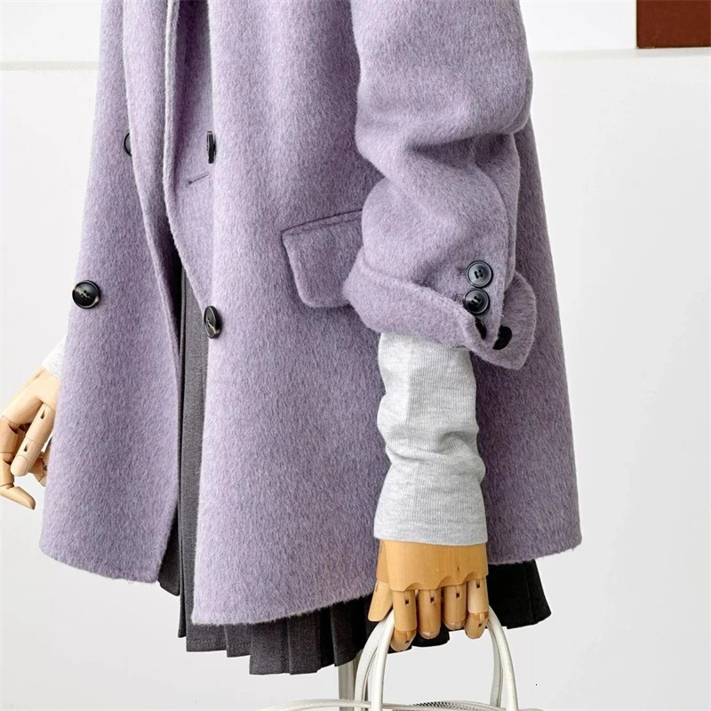 Women's Double-faced Woolen Coat Spring Autumn Suit Collar Double Breasted Long Sleeve Temperament Commuting Purple Jacket 260922 - view 5