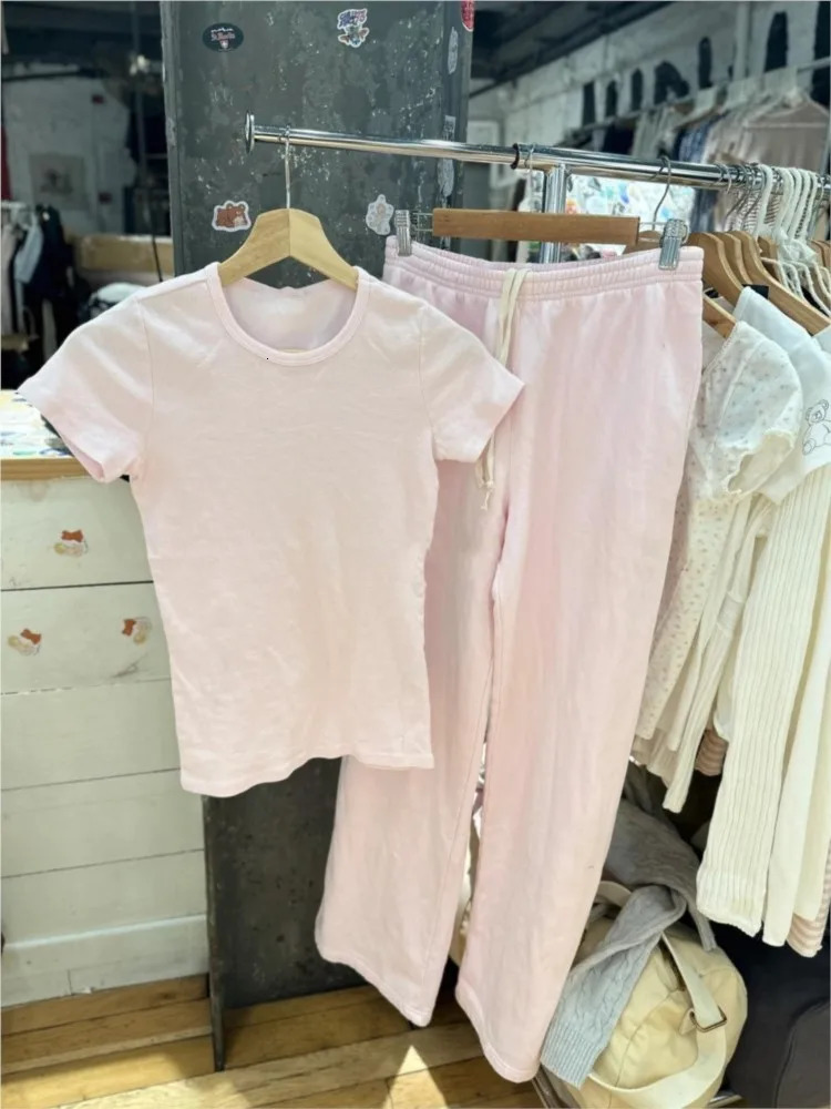 Pink Cotton Tshirt Pant Sets Women Casual Oneck Short Sleeve TeeSport Straight Sweatpant Sweet Cute Basic 2 Piece Set Y2K 260924 - view 4