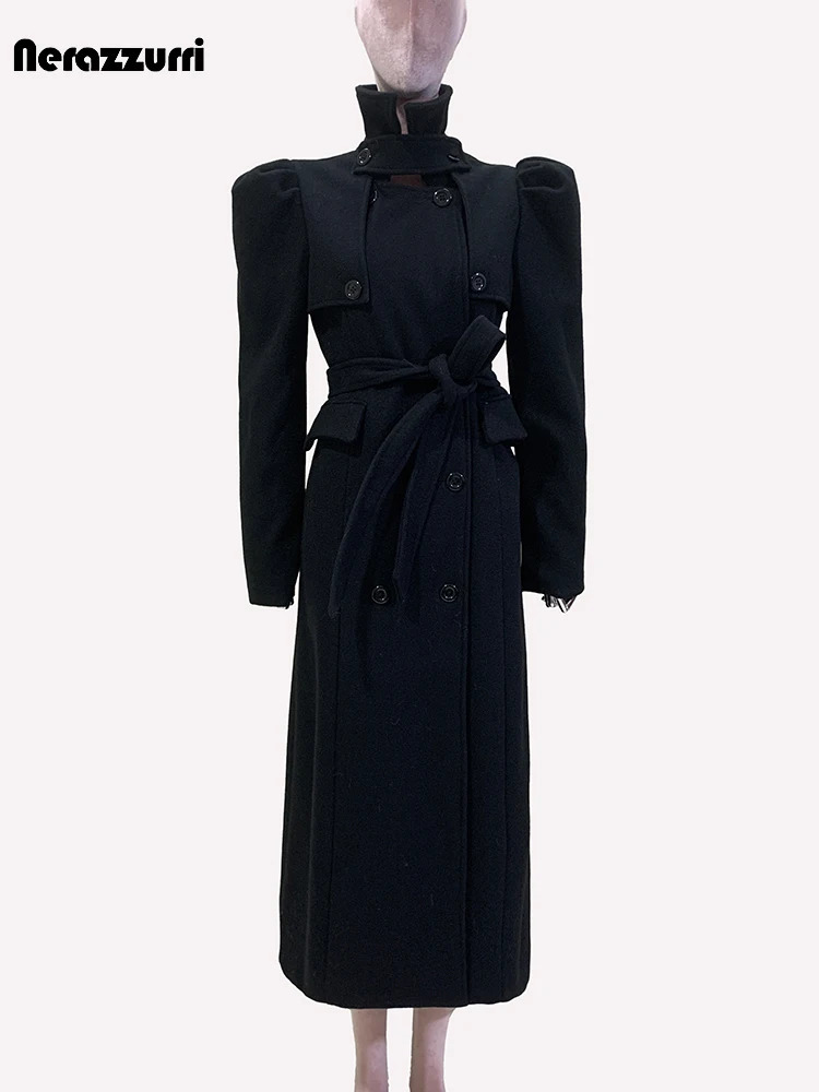 Nerazzurri Autumn Winter Long Black Elegant y Fitted Woolen Coat Women Puff Sleeve Double Breasted Wool Blends Overcoat 260911 - view 3