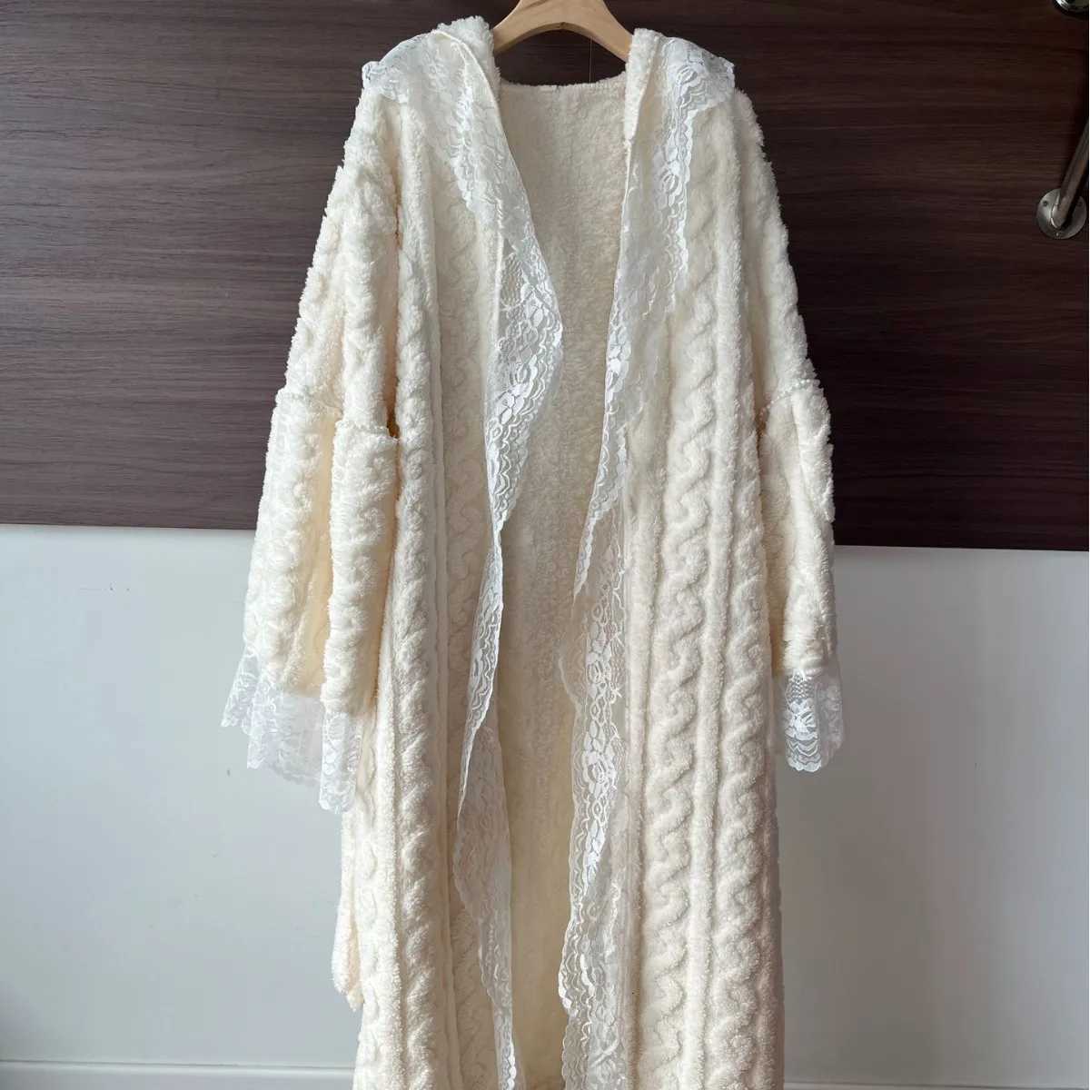 Sleep Lounge Women's French Lace Autumn Winter Robe Women Coral Fleece Sexy Kimono Gown Soft Princess Style Bathrobe Homewear Comfy Dressing Gown - view 7