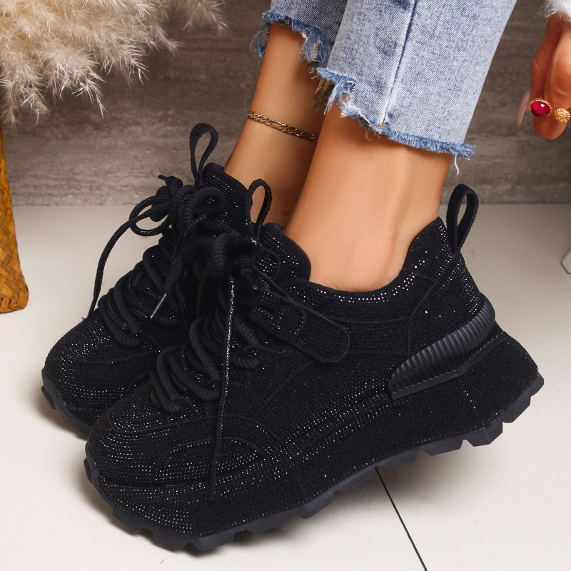 Womens Full Diamond Fashion luxury Sneakers Spring and Autumn New Round Toe Lace-up Non-slip Platform Sneakers High quality Casual Shoes Shining Night - view 8
