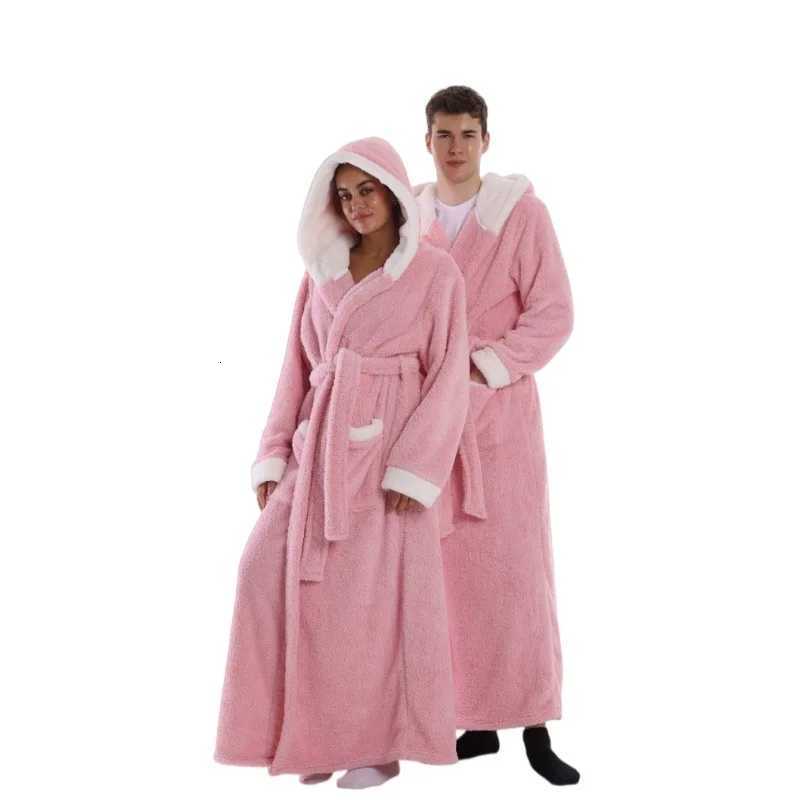Sleep Lounge Women's New Winter Hooded Bathrobes Gown For Coulpe Warm Flannel Sleepwear Women Long Nightgown Solid Color Robes Men Loungewear Paj - view 7